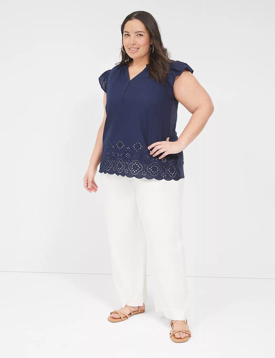 Women Lane Bryant Flutter-Sleeve Woven-Front Knit Top T Shirts Blue | LRB9766ZJ