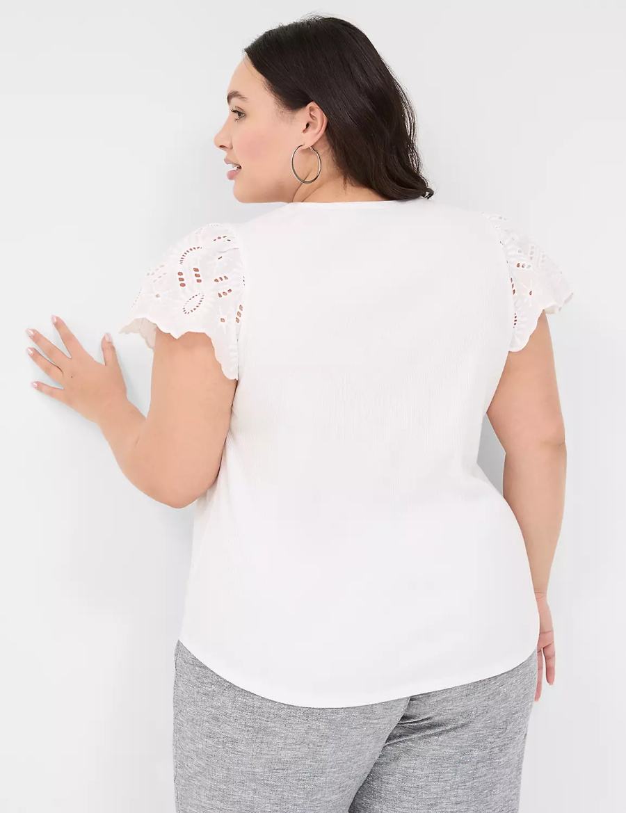 Women Lane Bryant Flutter Eyelet-Sleeve Top T Shirts White | NFP4299KW