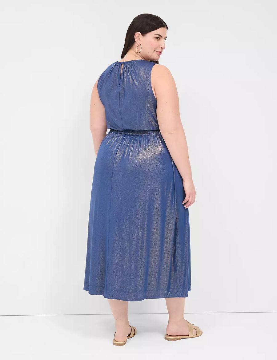 Women Lane Bryant Foil Shimmer Tie-Waist Midi Dress Dark Blue | QNO451LC