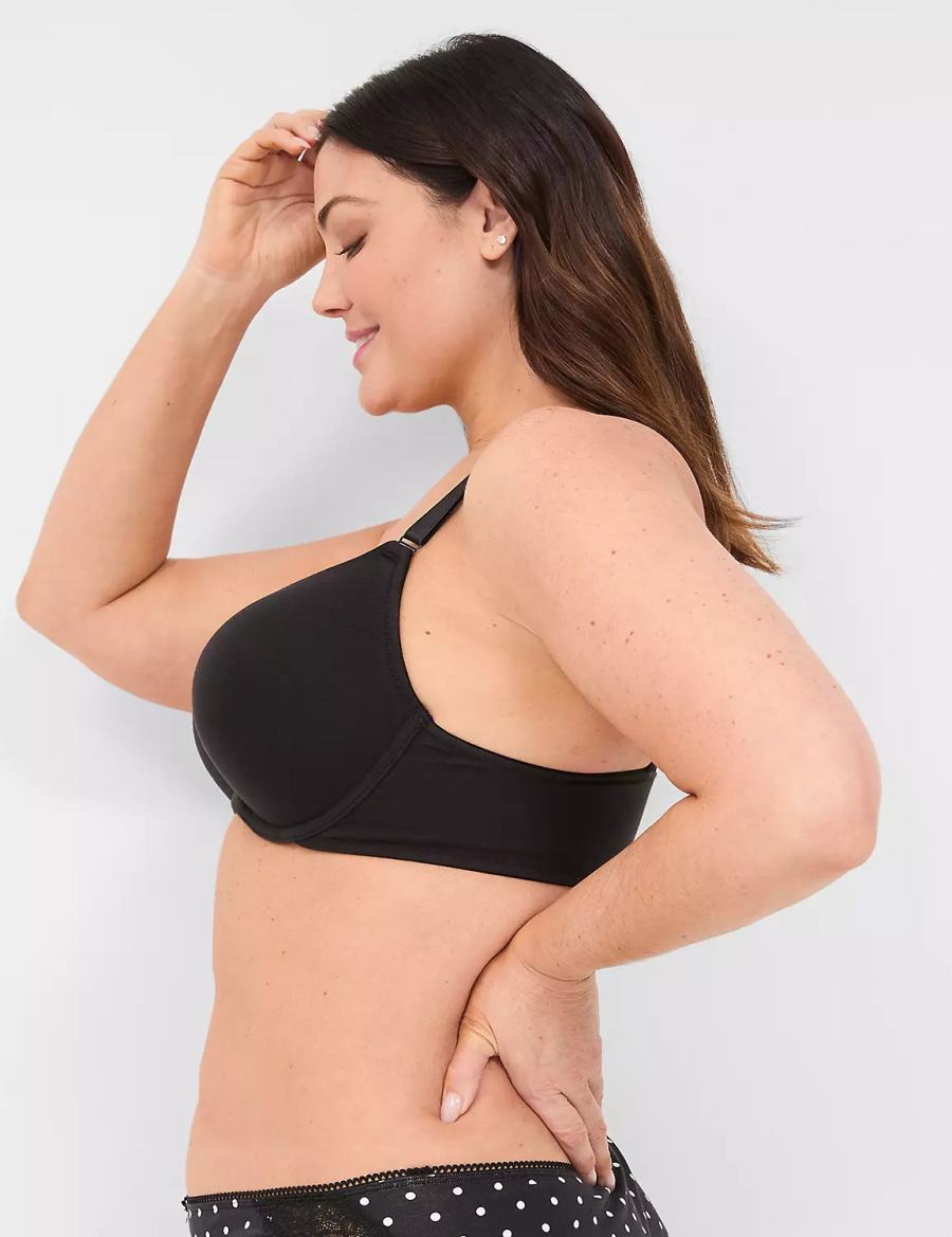 Women Lane Bryant Front-Close Cotton Boost Plunge Bralettes Black | HGJ9449KZ