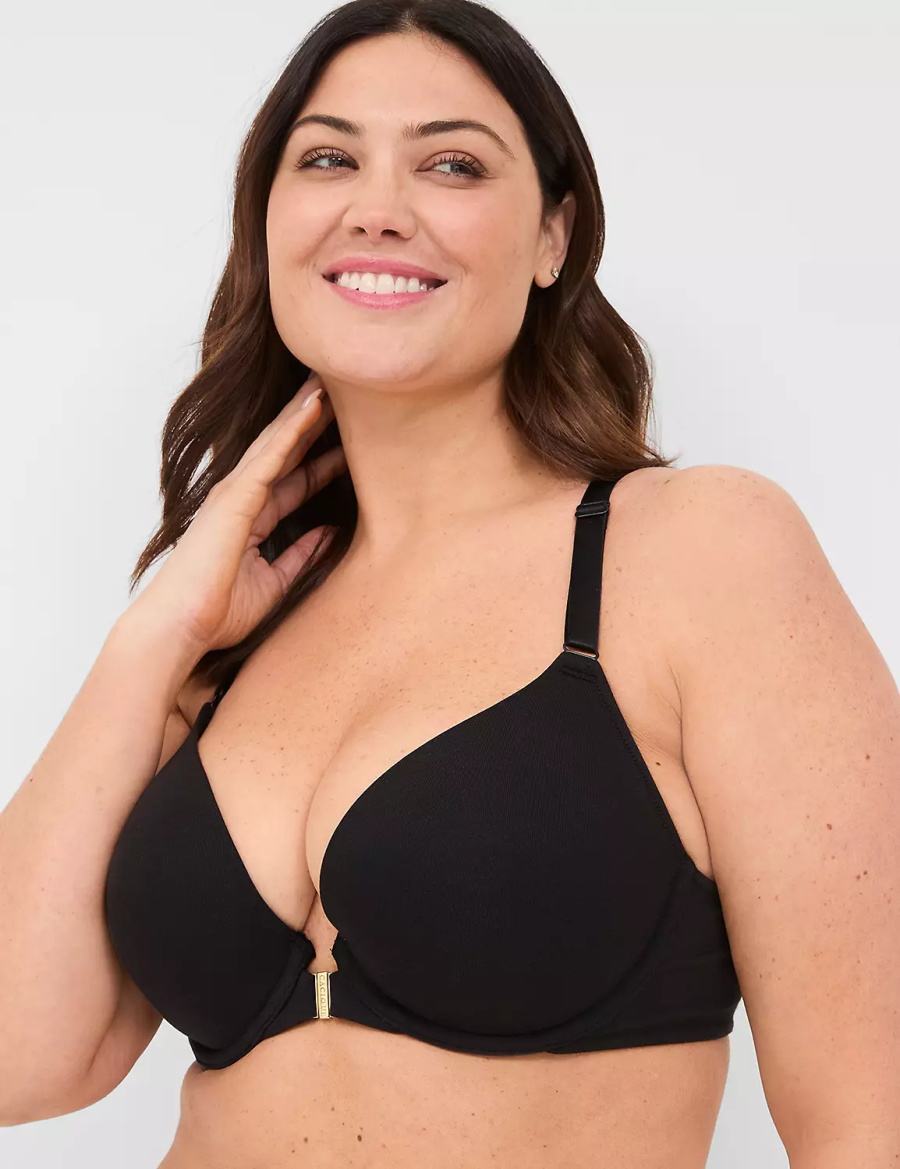 Women Lane Bryant Front-Close Cotton Boost Plunge Bralettes Black | HGJ9449KZ
