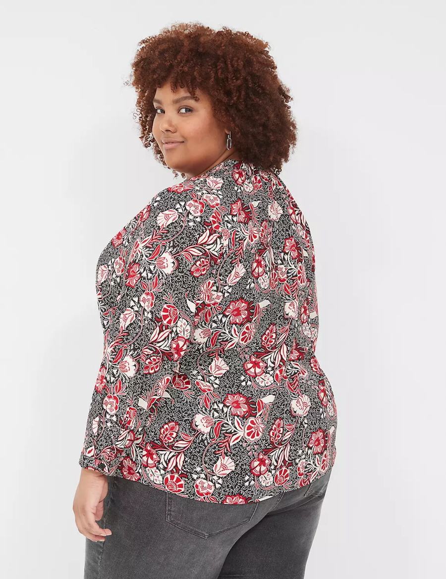 Women Lane Bryant Gathered Ruffle V-Neck Popover Shirts Red Black | JFS1745OM