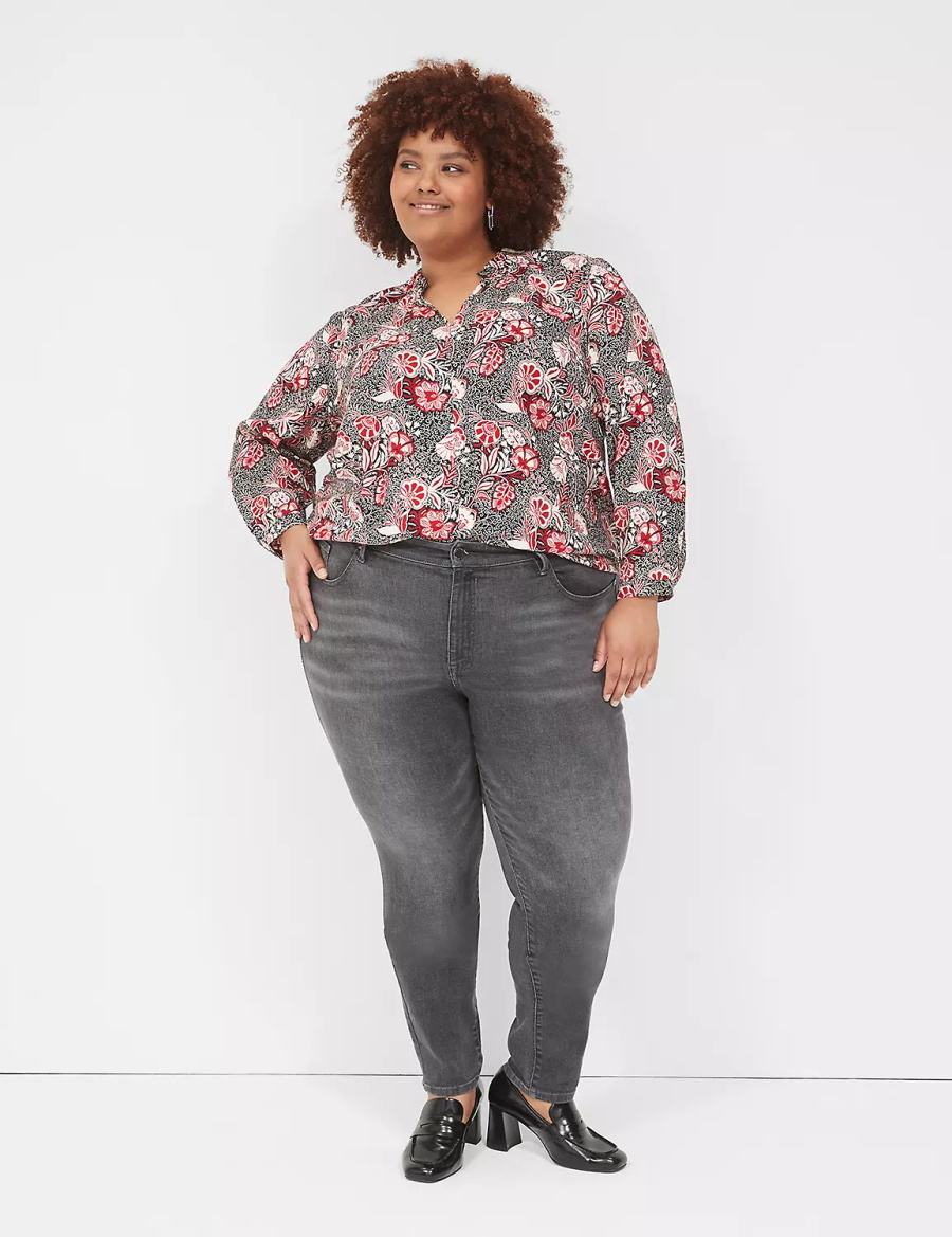 Women Lane Bryant Gathered Ruffle V-Neck Popover Shirts Red Black | JFS1745OM