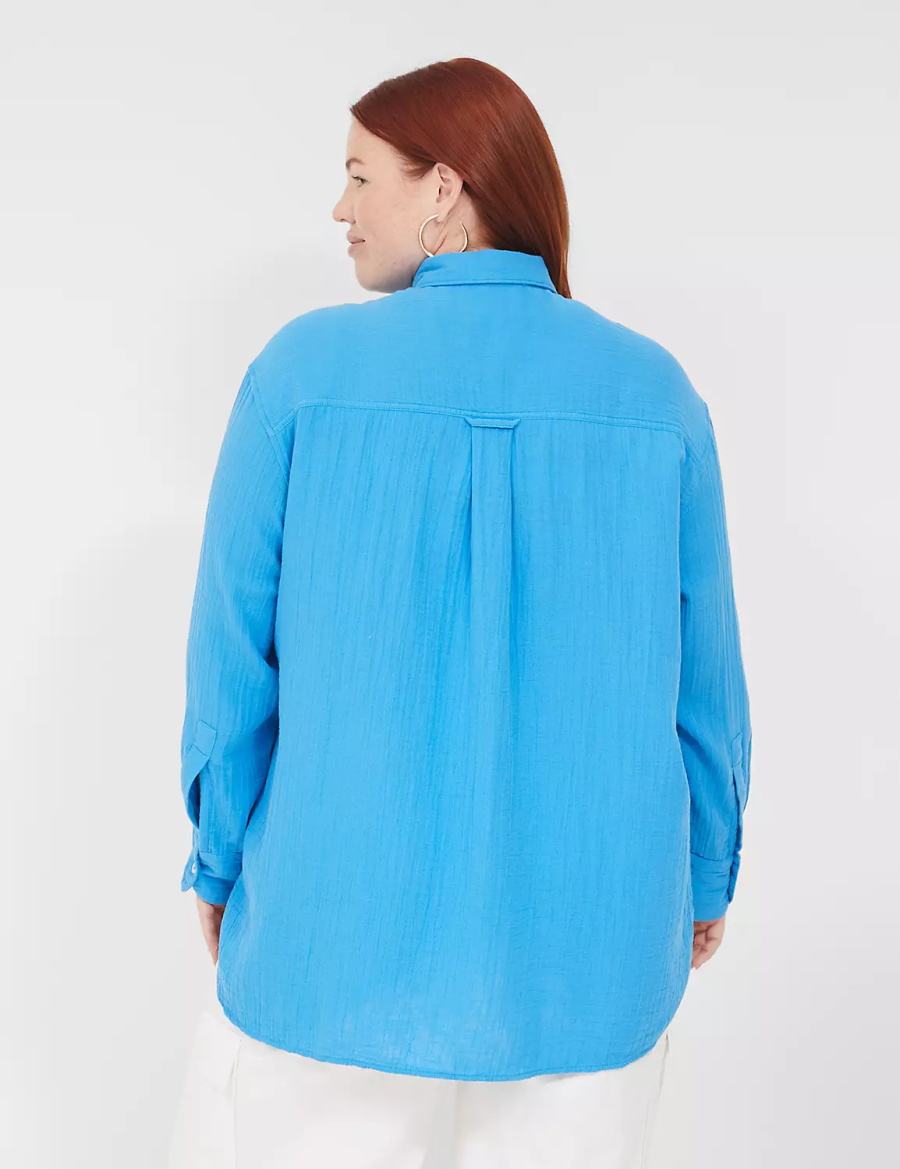 Women Lane Bryant Gauze Button-Down Beach Top Shirts Blue | TSD7934EI