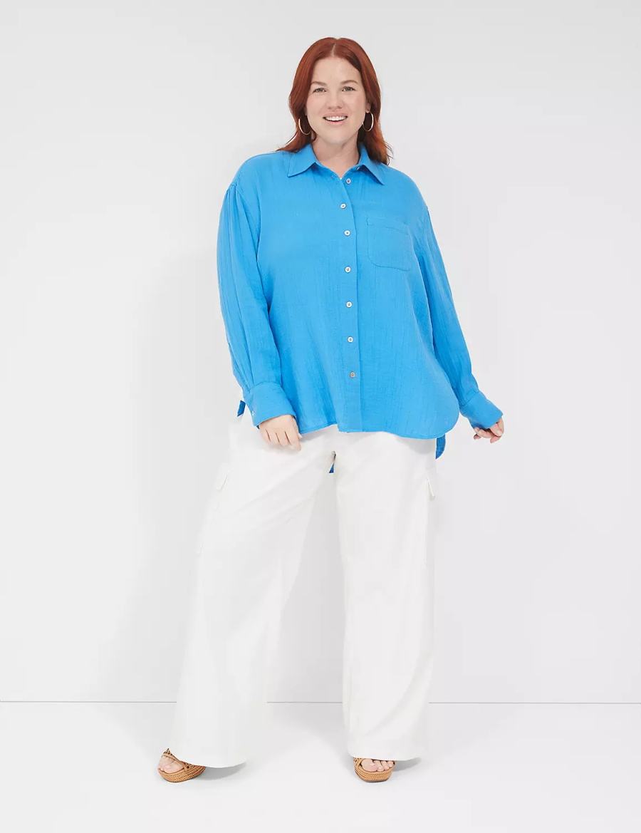 Women Lane Bryant Gauze Button-Down Beach Top Shirts Blue | TSD7934EI
