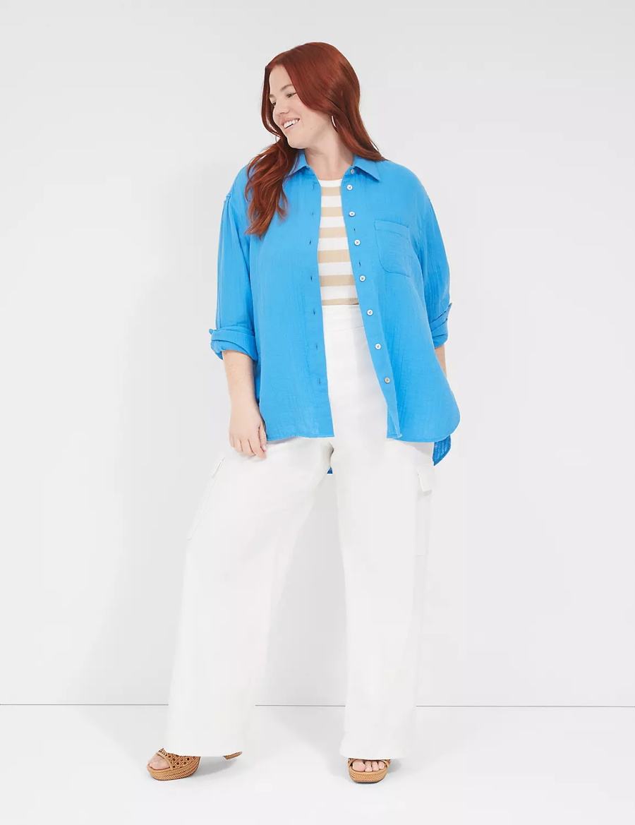 Women Lane Bryant Gauze Button-Down Beach Top Shirts Blue | TSD7934EI