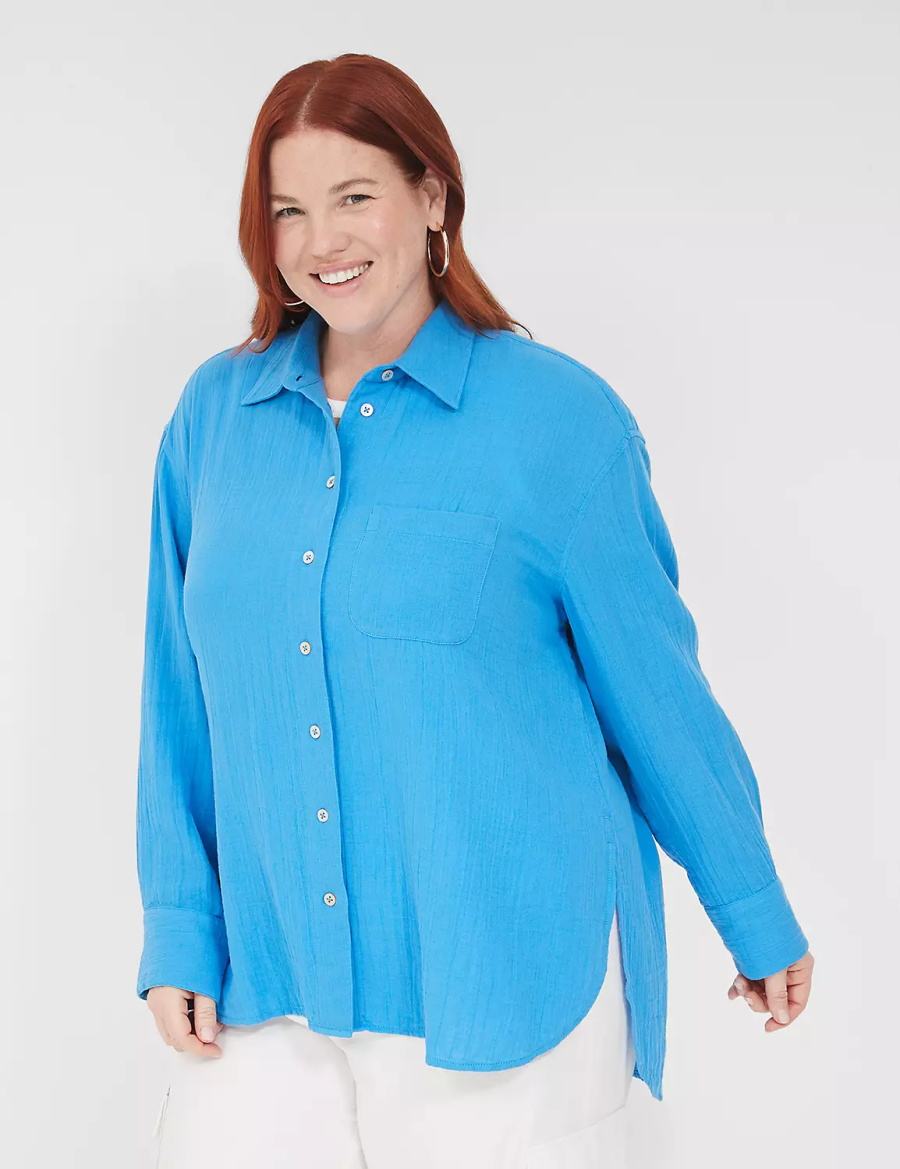 Women Lane Bryant Gauze Button-Down Beach Top Shirts Blue | TSD7934EI