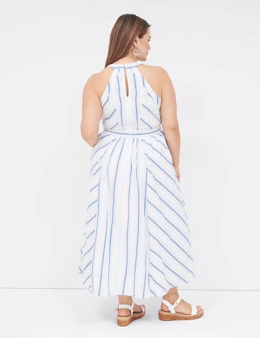 Women Lane Bryant Halter-Neck Maxi Dress White Blue | DWP4030TM