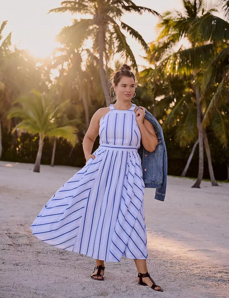 Women Lane Bryant Halter-Neck Maxi Dress White Blue | DWP4030TM