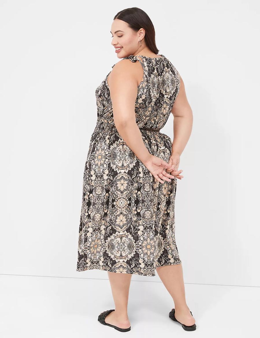 Women Lane Bryant Halter-Neck Smocked-Waist Jersey Midi Dress Black Multicolor | KMR3212DB