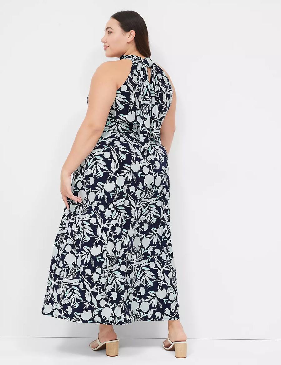 Women Lane Bryant Halter Tie-Neck Casual Dress Navy | JWY353GF