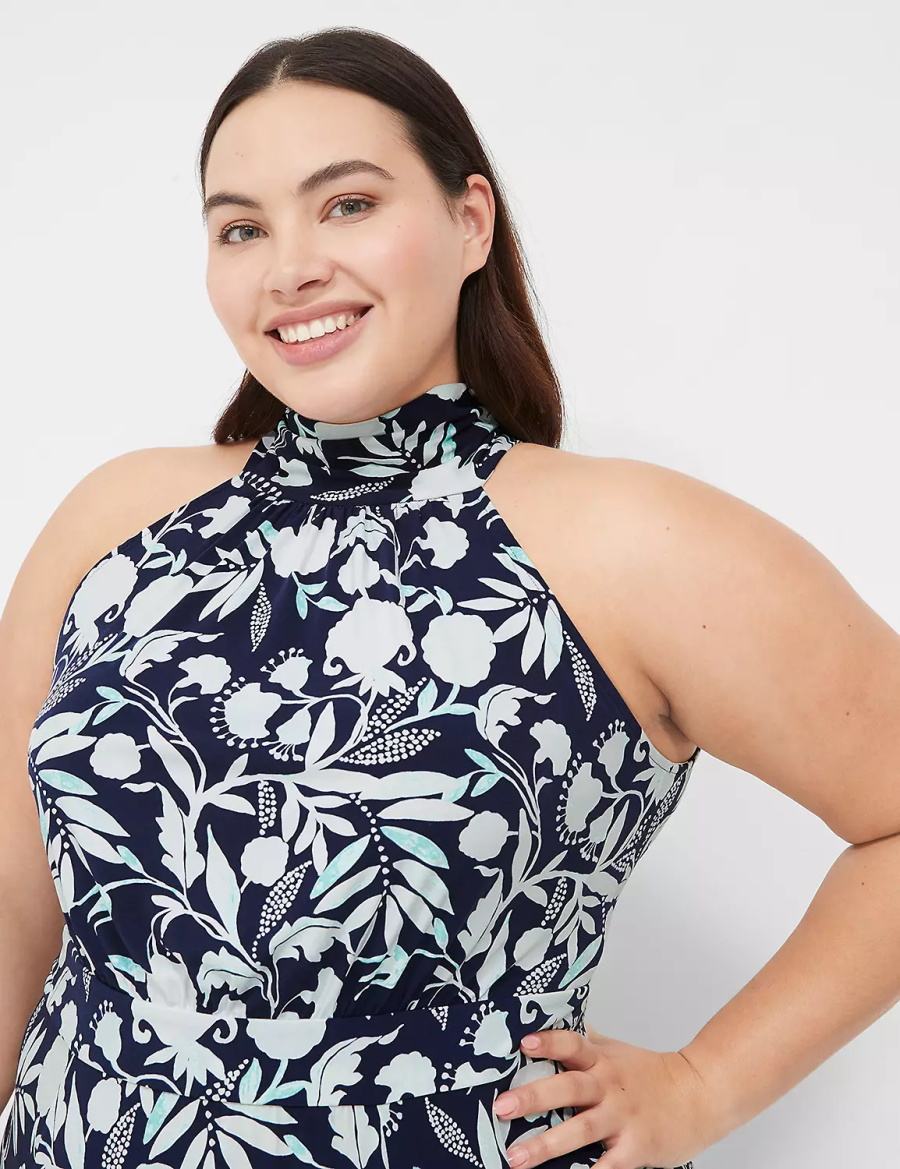 Women Lane Bryant Halter Tie-Neck Casual Dress Navy | JWY353GF