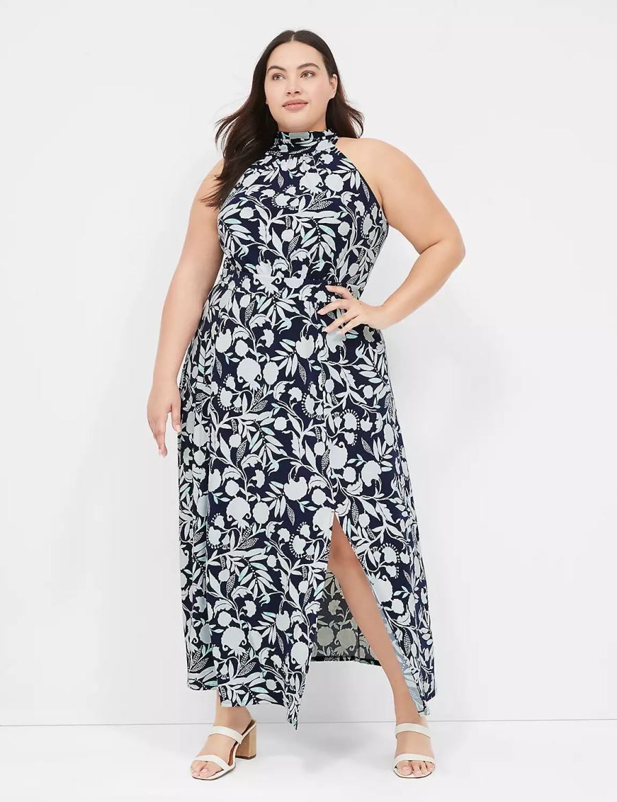 Women Lane Bryant Halter Tie-Neck Casual Dress Navy | JWY353GF