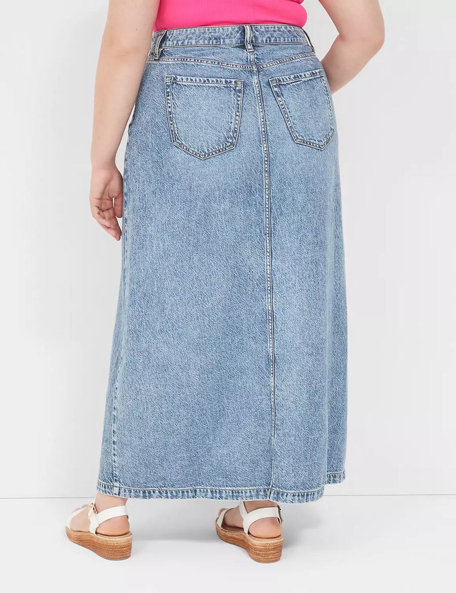 Women Lane Bryant High-Rise Front-Slit Denim Maxi Skirts Light Blue | VFL7449AM