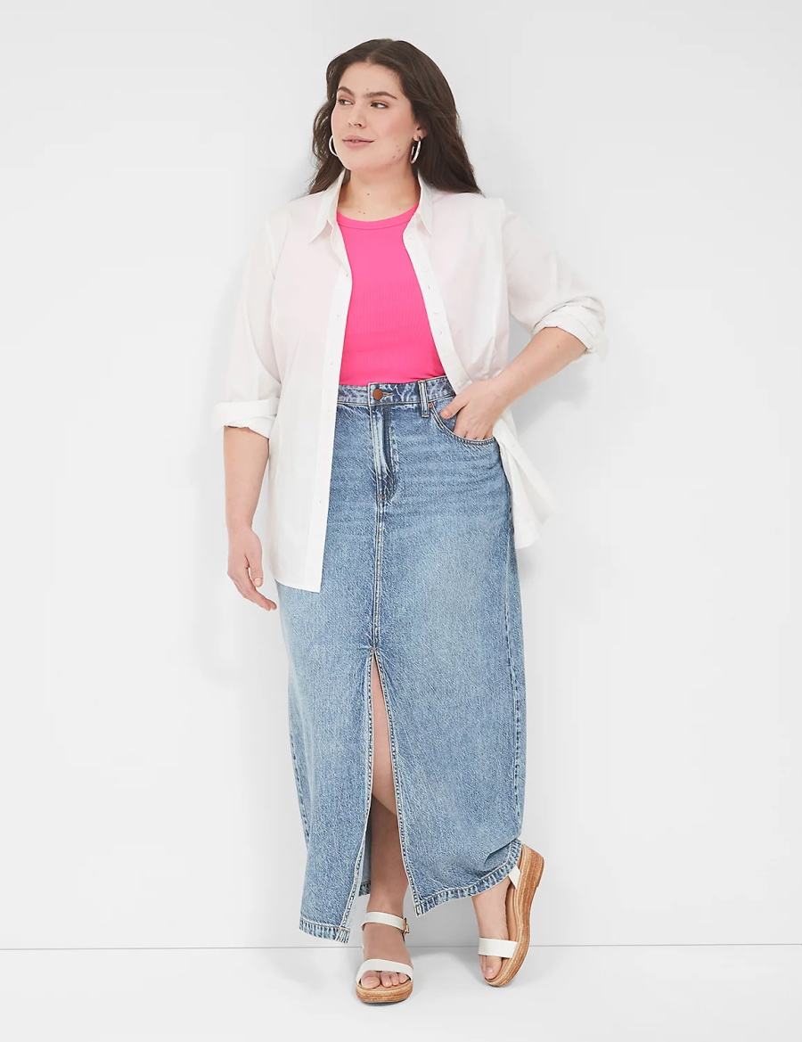 Women Lane Bryant High-Rise Front-Slit Denim Maxi Skirts Light Blue | VFL7449AM