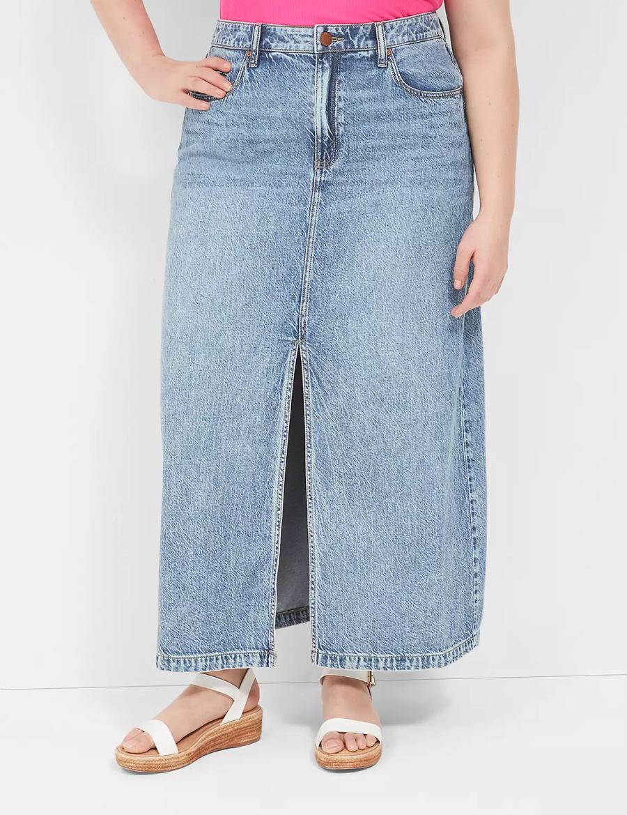 Women Lane Bryant High-Rise Front-Slit Denim Maxi Skirts Light Blue | VFL7449AM