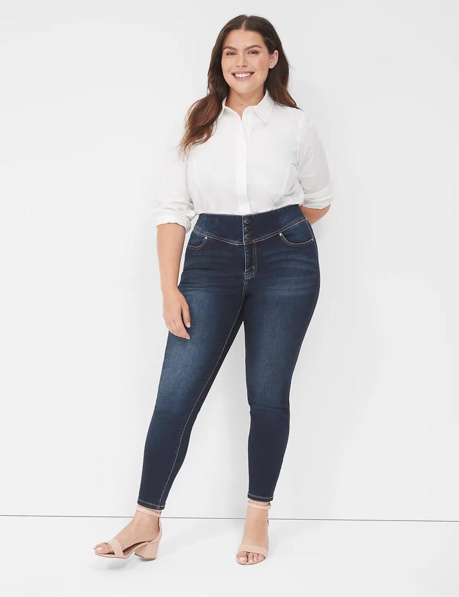 Women Lane Bryant High-Rise Sateen 3-Button Jeggings Dark Blue | CSG7668TG