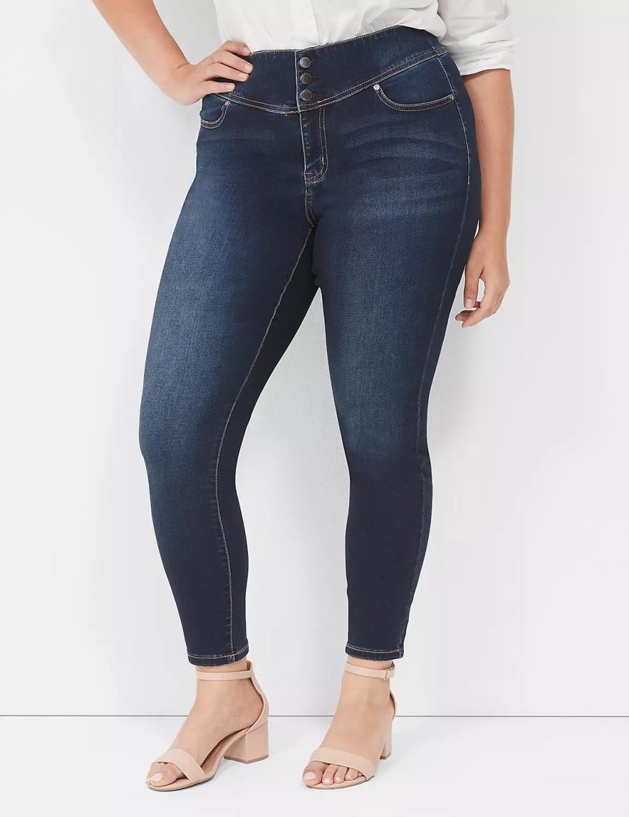 Women Lane Bryant High-Rise Sateen 3-Button Jeggings Dark Blue | CSG7668TG
