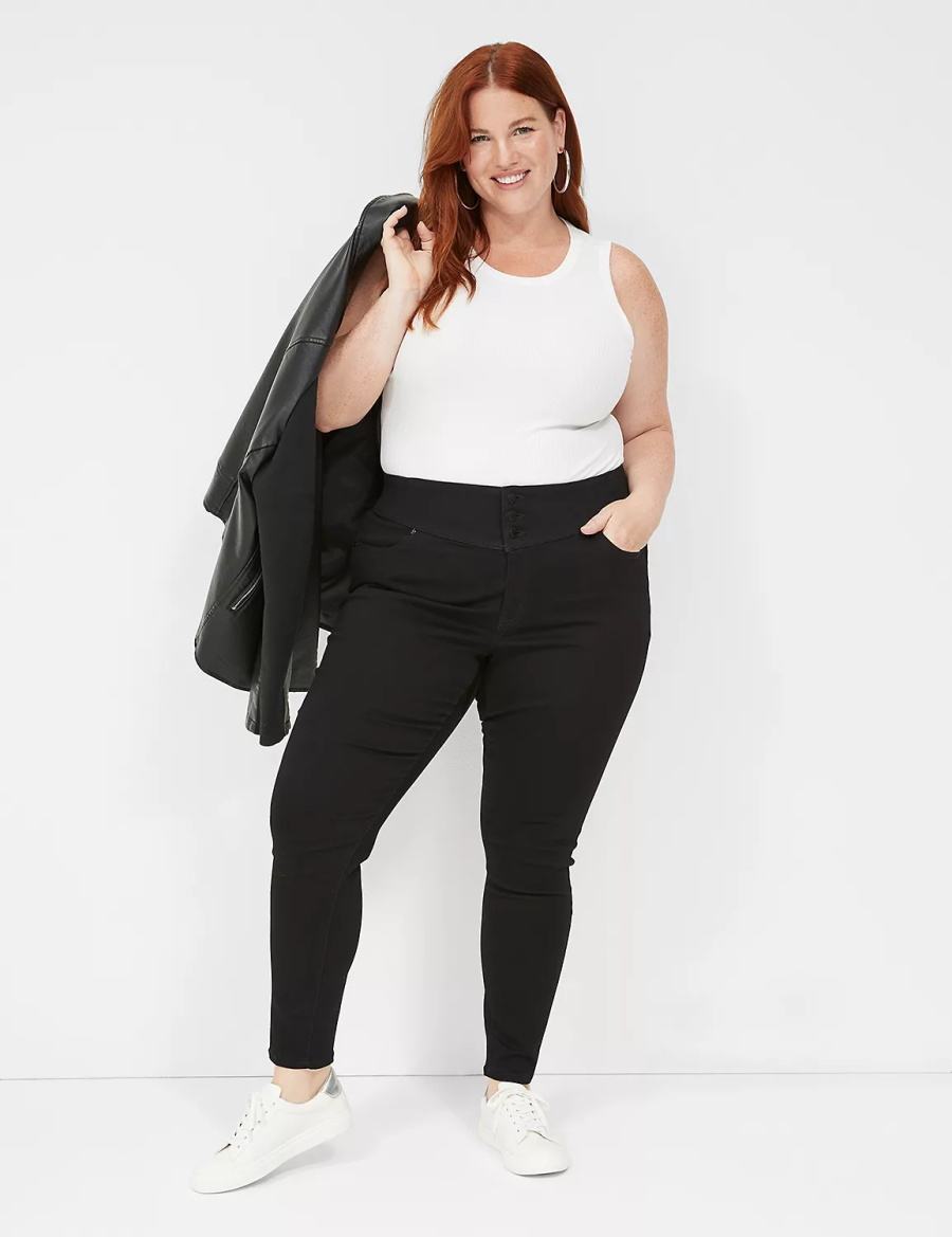 Women Lane Bryant High-Rise Sateen 3-Button Jeggings Black | CIA337LT