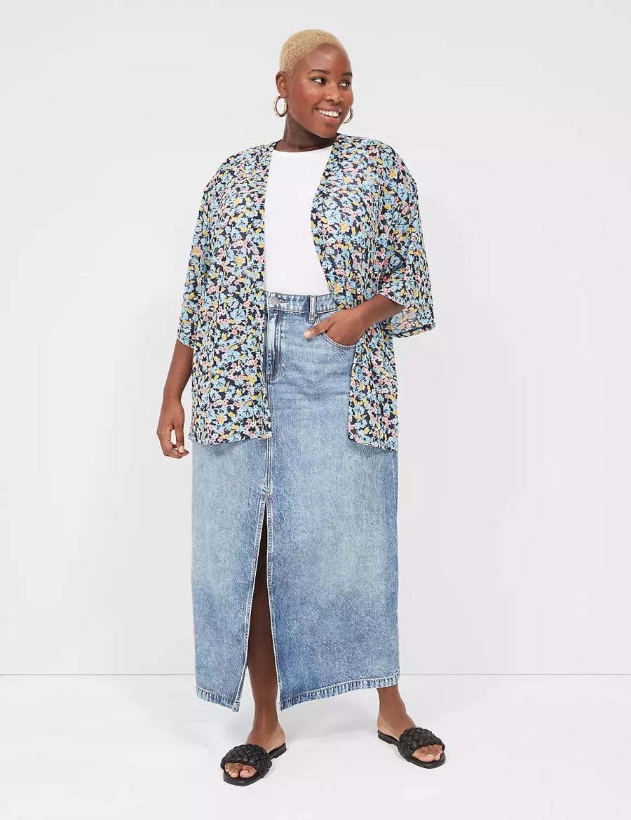 Women Lane Bryant Kimono-Sleeve Open-Front Overpiece Robe Blue Coral | GQF8022IR
