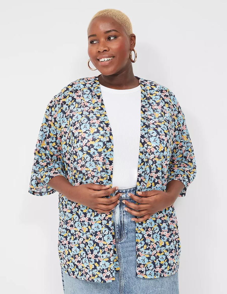 Women Lane Bryant Kimono-Sleeve Open-Front Overpiece Robe Blue Coral | GQF8022IR