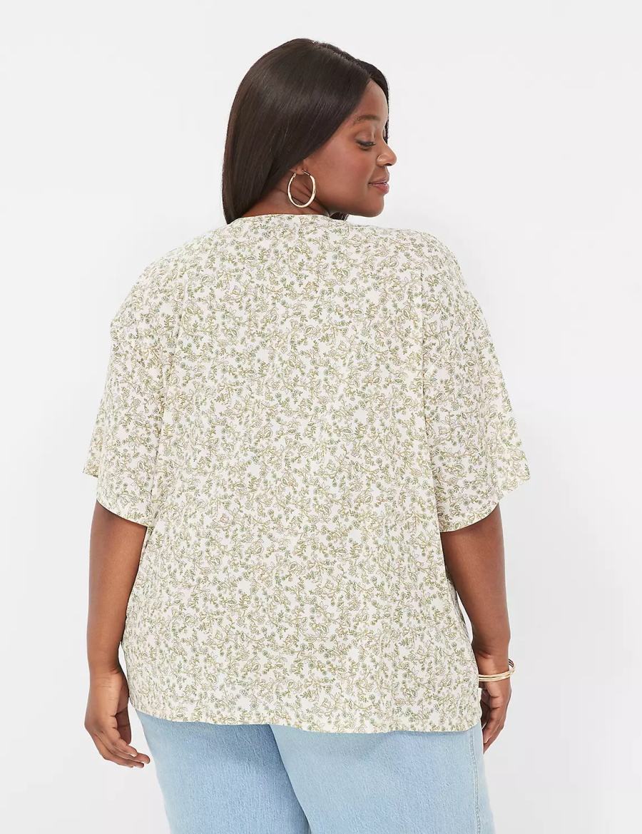 Women Lane Bryant Kimono-Sleeve Tie-Front Overpiece Robe Cream Olive | CNG9928NQ