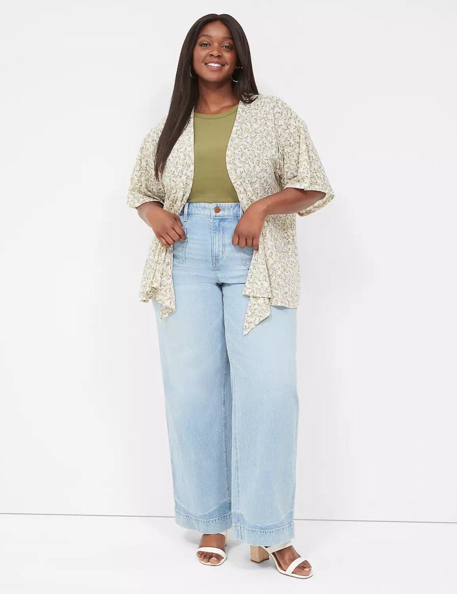 Women Lane Bryant Kimono-Sleeve Tie-Front Overpiece Robe Cream Olive | CNG9928NQ