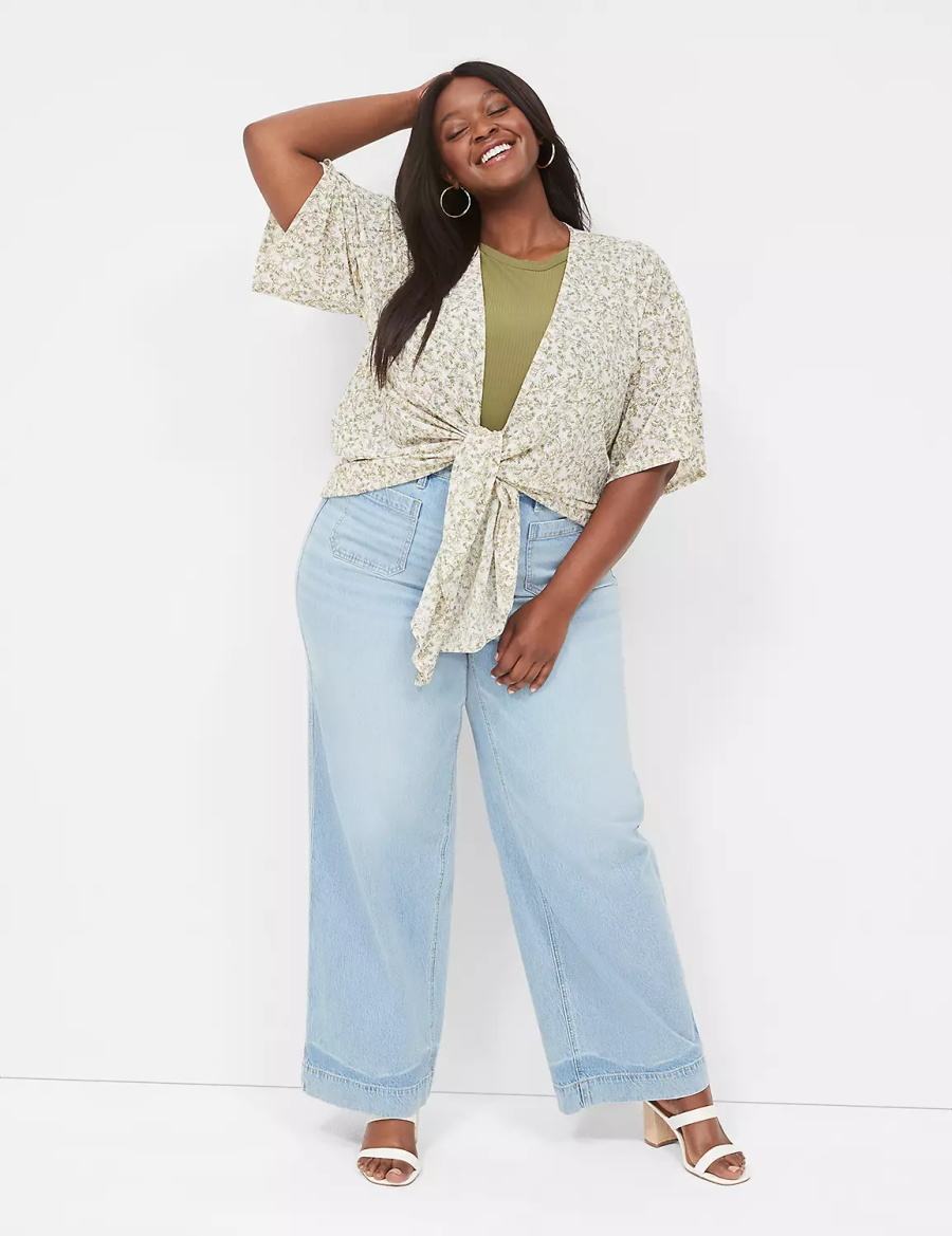 Women Lane Bryant Kimono-Sleeve Tie-Front Overpiece Robe Cream Olive | CNG9928NQ