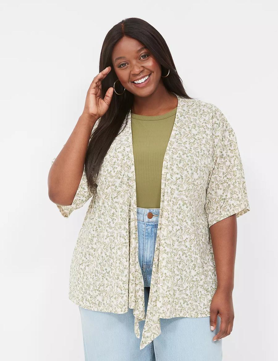 Women Lane Bryant Kimono-Sleeve Tie-Front Overpiece Robe Cream Olive | CNG9928NQ