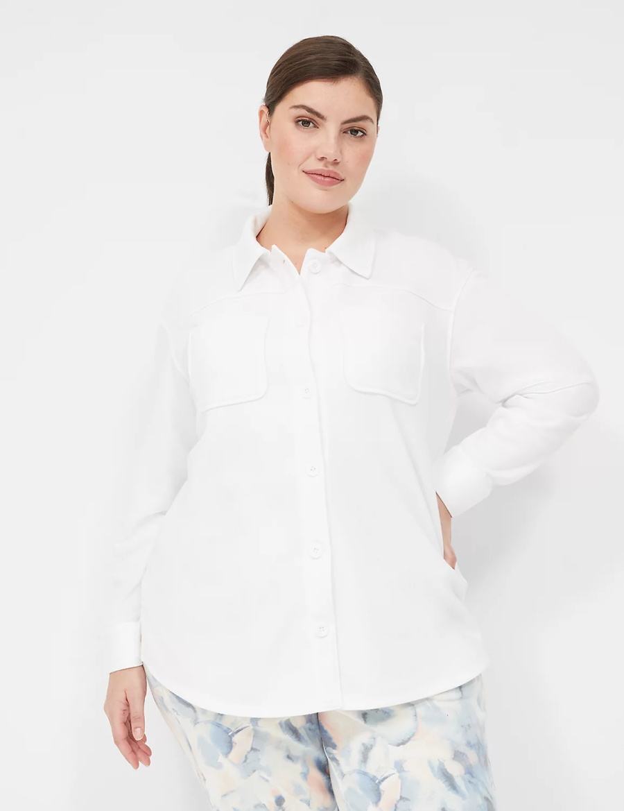 Women Lane Bryant LIVI Button-Front French Terry Shacket Shirts White | UVO2733CJ
