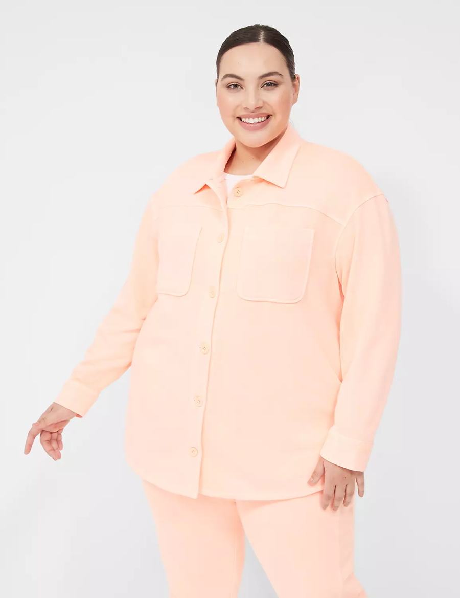 Women Lane Bryant LIVI Button-Front French Terry Shacket Shirts Coral | UNQ8537KO
