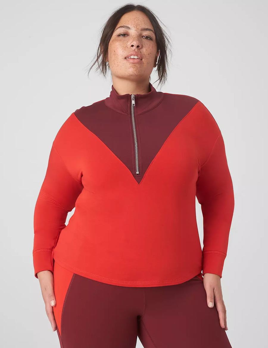 Women Lane Bryant LIVI CozySoft Half-Zip Colorblock Cropped Pullover Pullover Red | ZDY7479LY