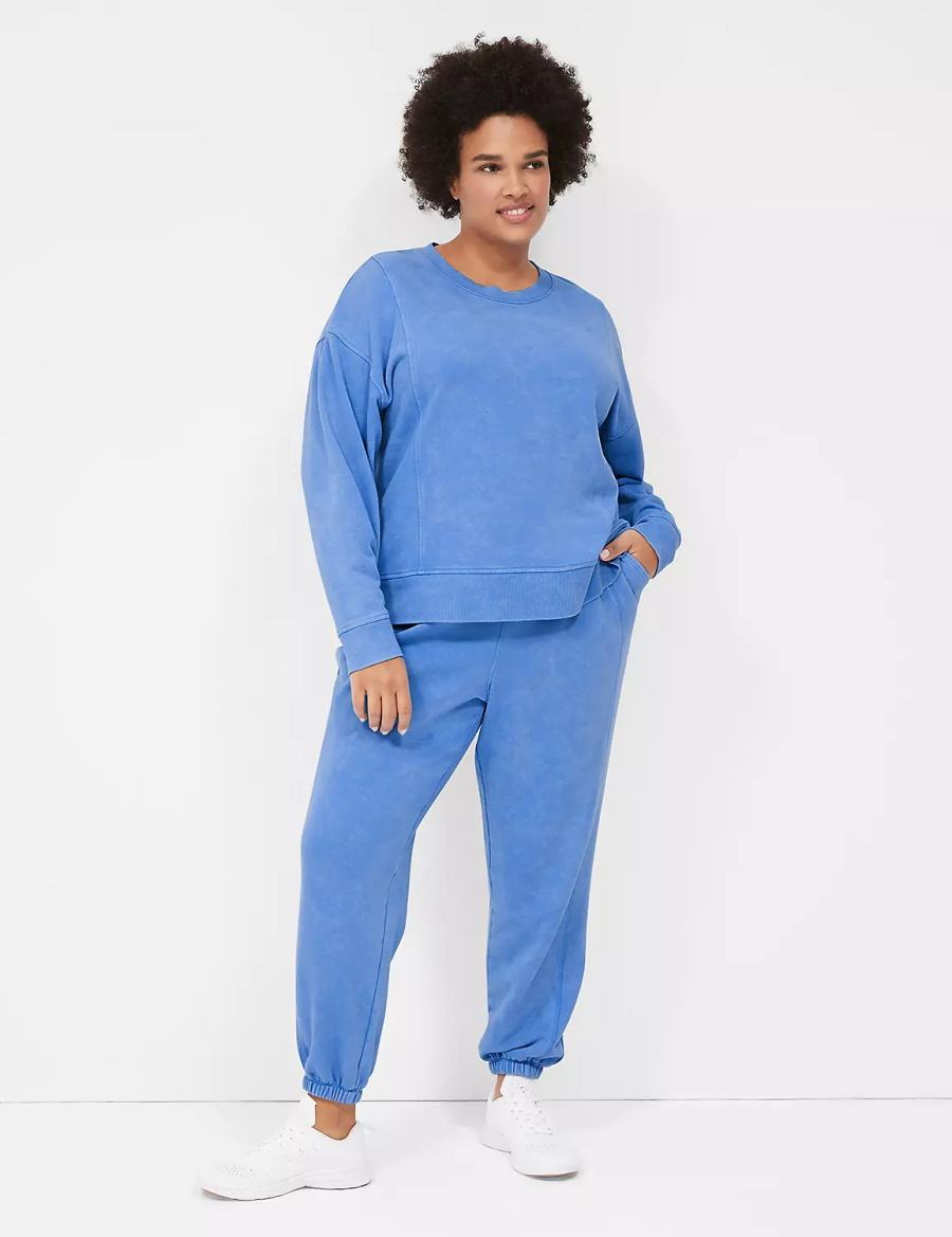 Women Lane Bryant LIVI Crew-Neck French Terry Washed Sweatshirts Blue | HLL9133BR