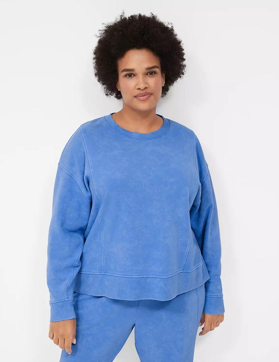 Women Lane Bryant LIVI Crew-Neck French Terry Washed Sweatshirts Blue | HLL9133BR