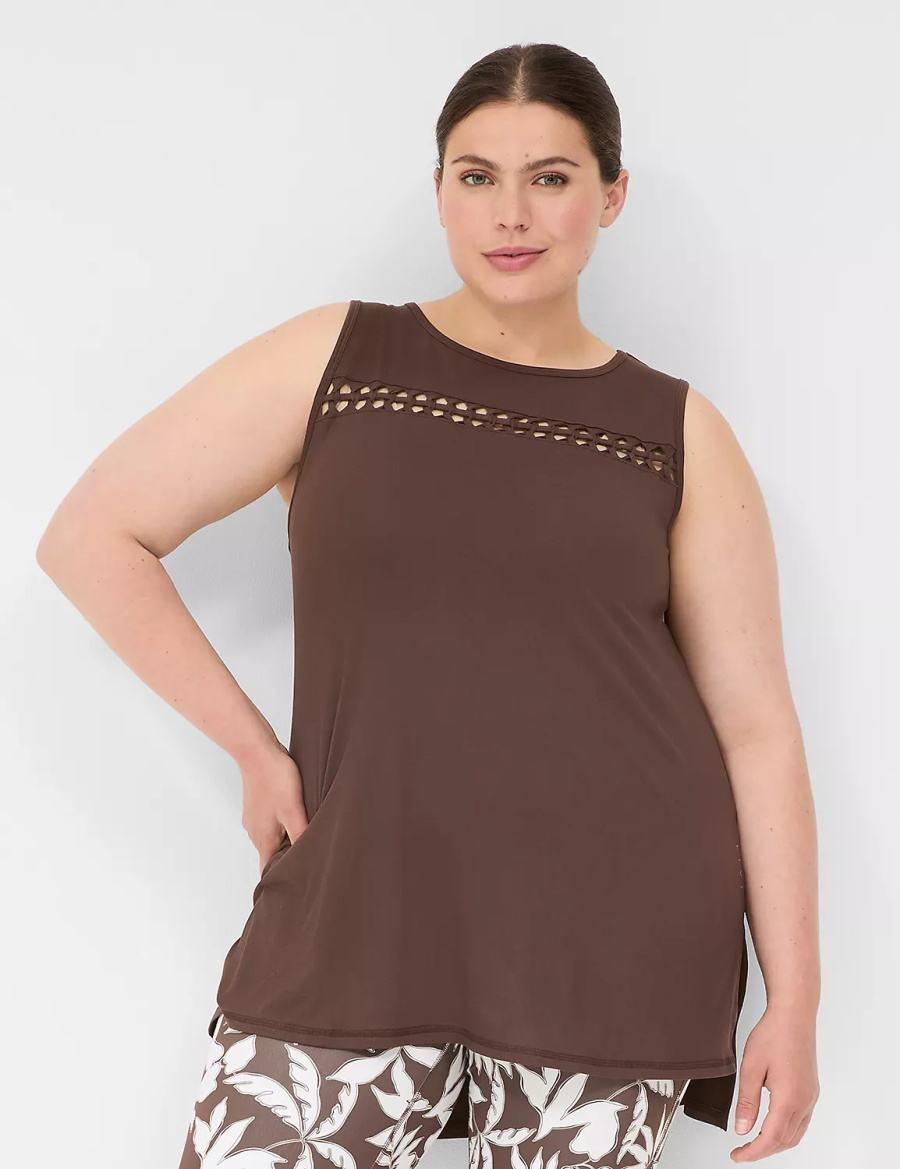 Women Lane Bryant LIVI Crew-Neck Macrame Tank Top Dark Brown | CLH6982NP