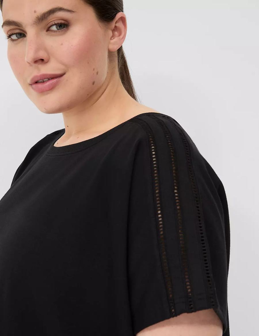 Women Lane Bryant LIVI Crochet-Detail French Terry Top T Shirts Black | SJQ9619LS