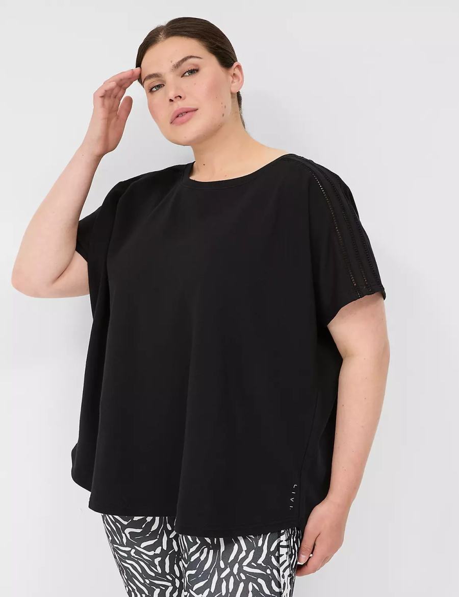 Women Lane Bryant LIVI Crochet-Detail French Terry Top T Shirts Black | SJQ9619LS