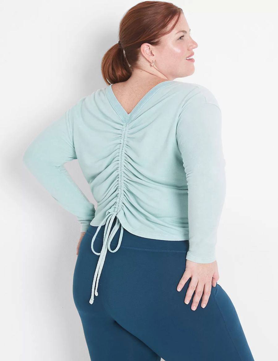 Women Lane Bryant LIVI Crop Boatneck Ruched-Detail Sweatshirts Light Green | NVG2241AY