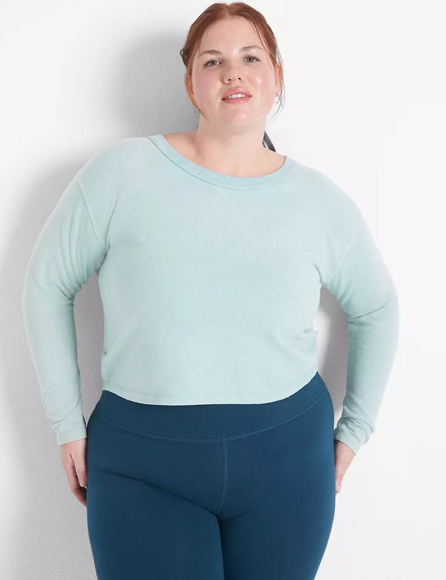 Women Lane Bryant LIVI Crop Boatneck Ruched-Detail Sweatshirts Light Green | NVG2241AY