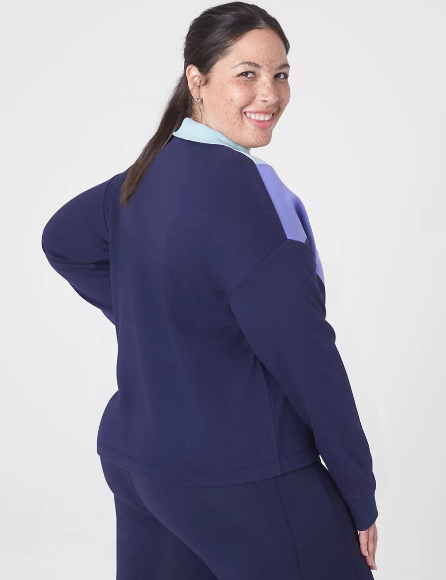 Women Lane Bryant LIVI Crop Zip-Neck Seamed Sweatshirts Dark Blue | JZJ6474XF