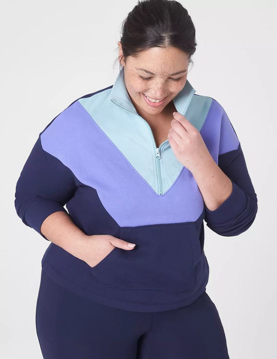 Women Lane Bryant LIVI Crop Zip-Neck Seamed Sweatshirts Dark Blue | JZJ6474XF