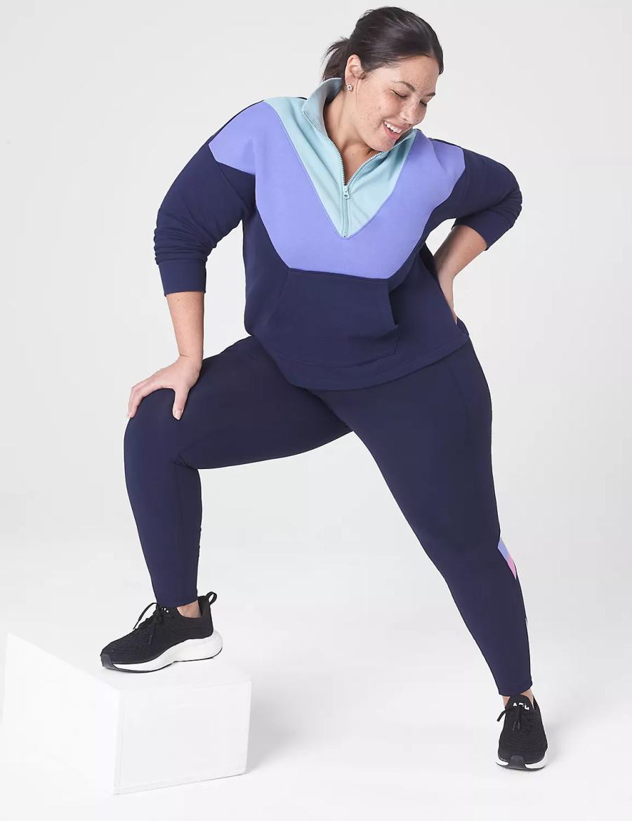 Women Lane Bryant LIVI Crop Zip-Neck Seamed Sweatshirts Dark Blue | JZJ6474XF