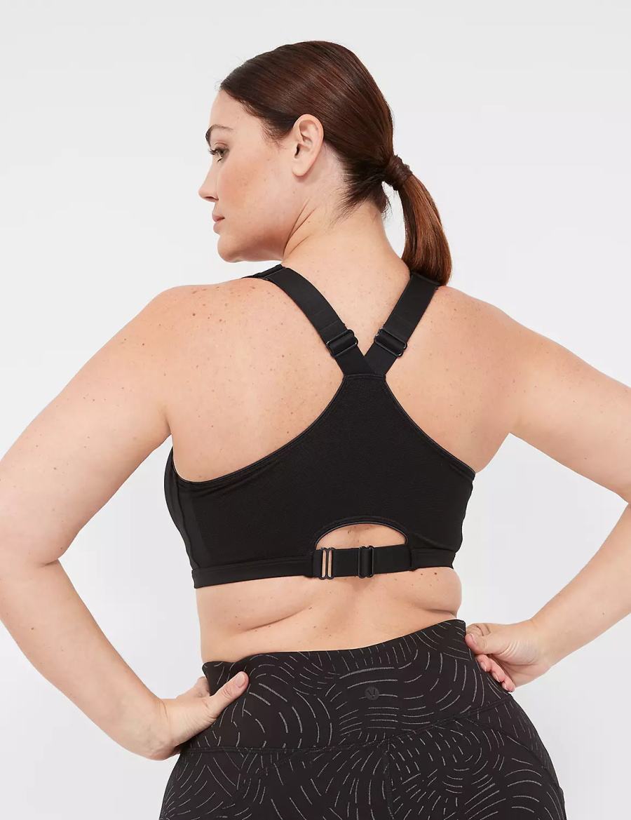 Women Lane Bryant LIVI Max Support Comfort Zip-Front Sports Bra Black | OID3150RX