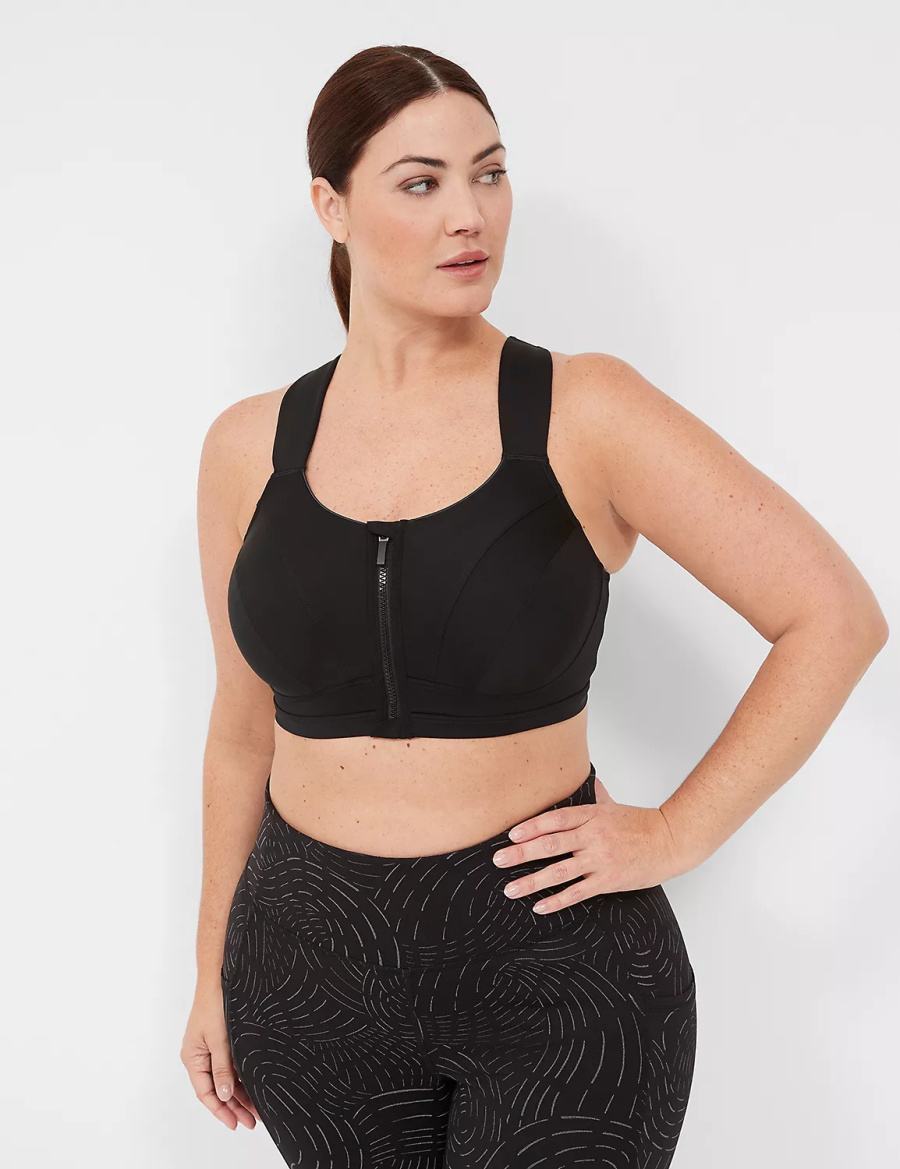 Women Lane Bryant LIVI Max Support Comfort Zip-Front Sports Bra Black | OID3150RX