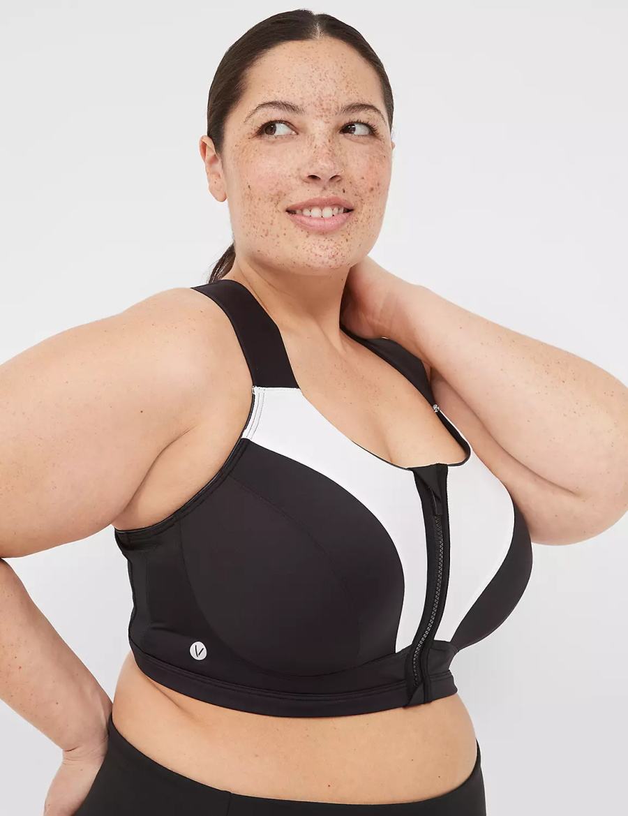 Women Lane Bryant LIVI Max Support Comfort Zip-Front Sports Bra Black | BSS4715UE