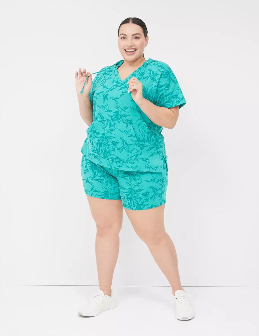Women Lane Bryant LIVI Short-Sleeve French Terry Hoodie Turquoise | KLQ8723UP