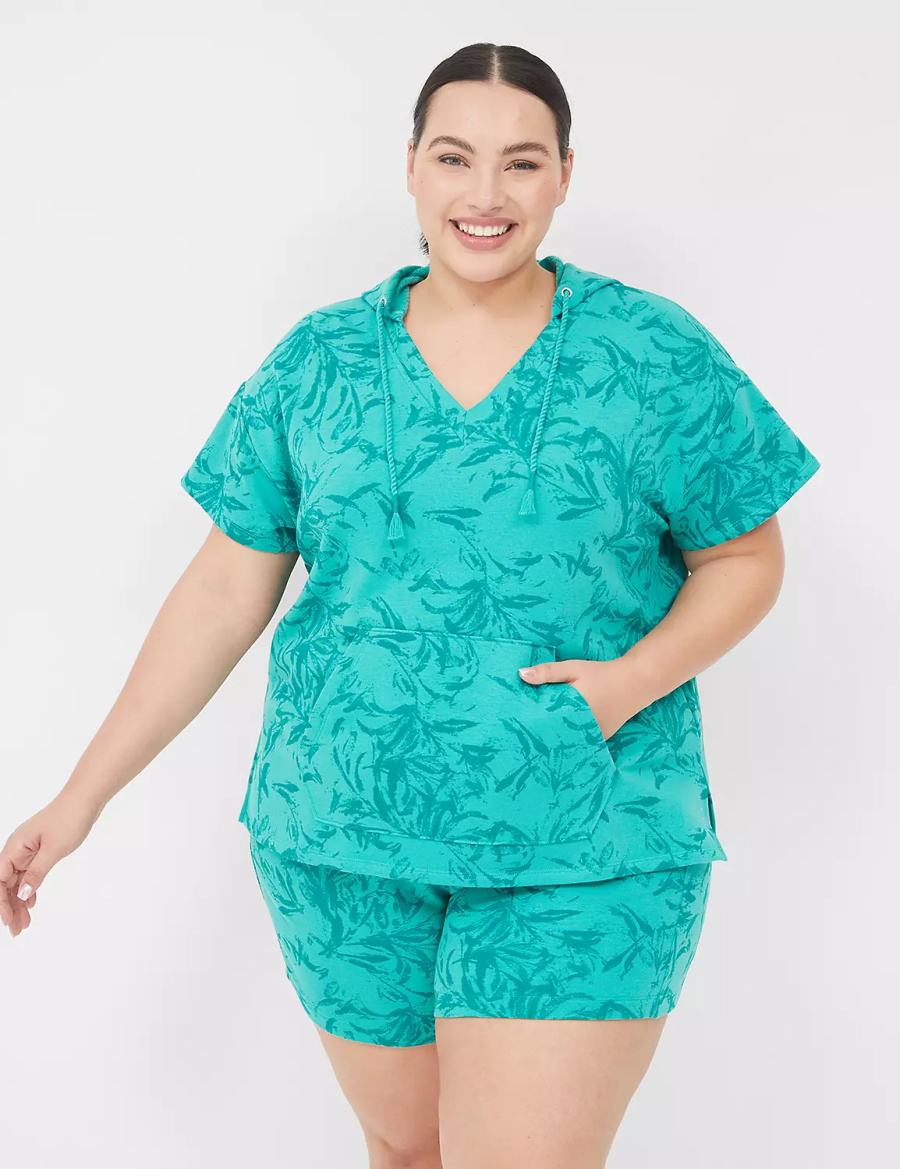 Women Lane Bryant LIVI Short-Sleeve French Terry Hoodie Turquoise | KLQ8723UP