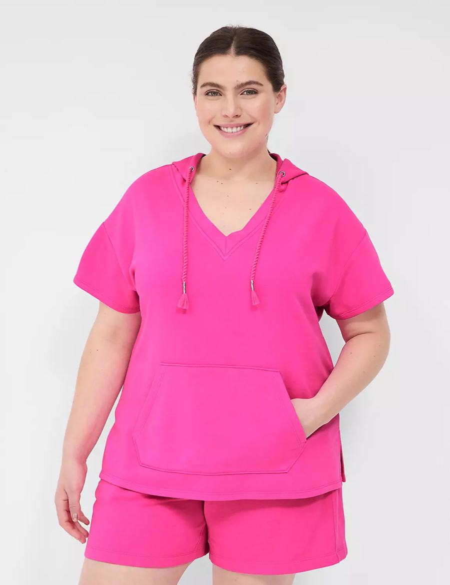 Women Lane Bryant LIVI Short-Sleeve French Terry Hoodie Pink | INH4126KR