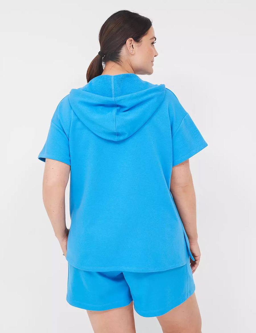 Women Lane Bryant LIVI Short-Sleeve French Terry Hoodie Blue | SUS276AZ