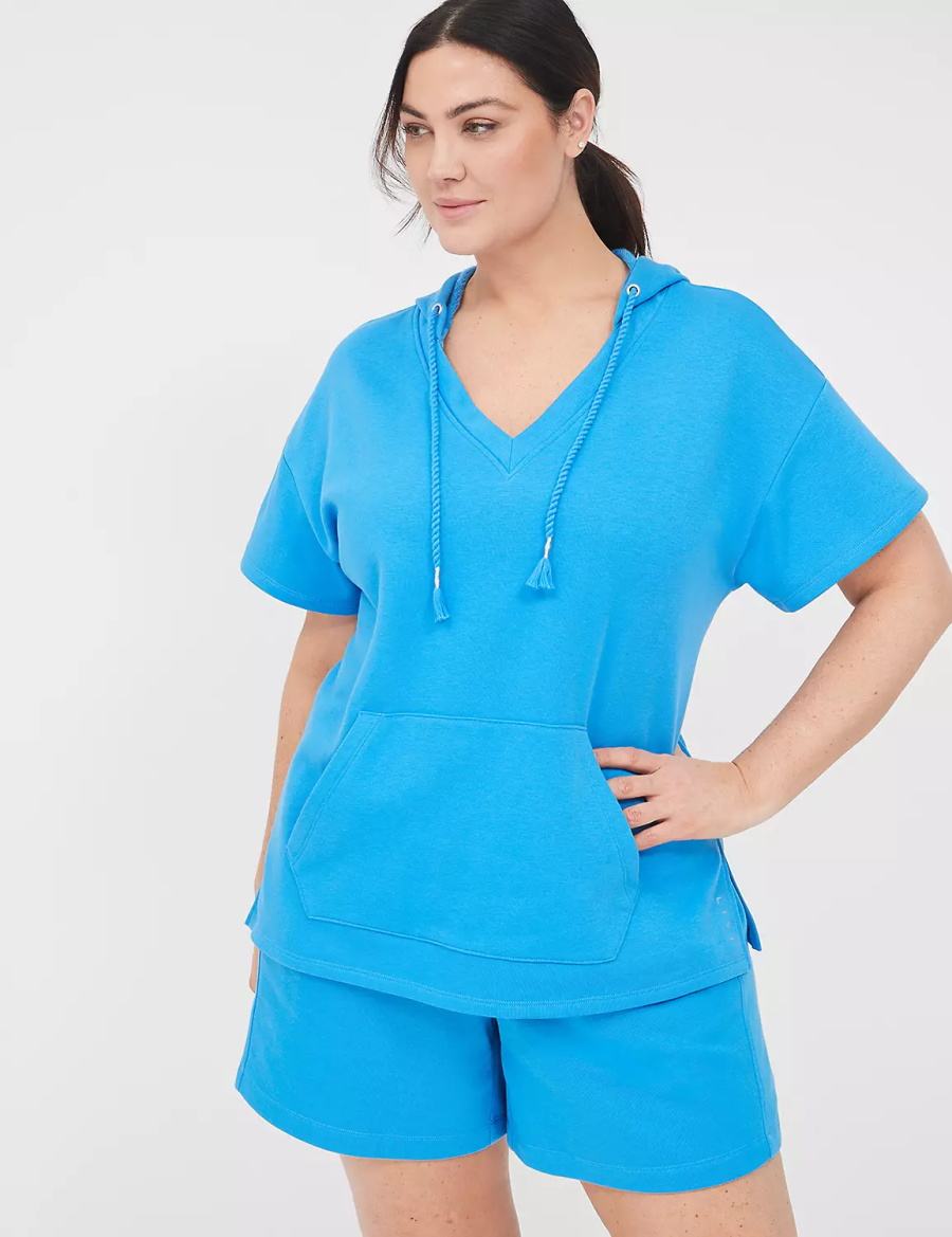 Women Lane Bryant LIVI Short-Sleeve French Terry Hoodie Blue | SUS276AZ